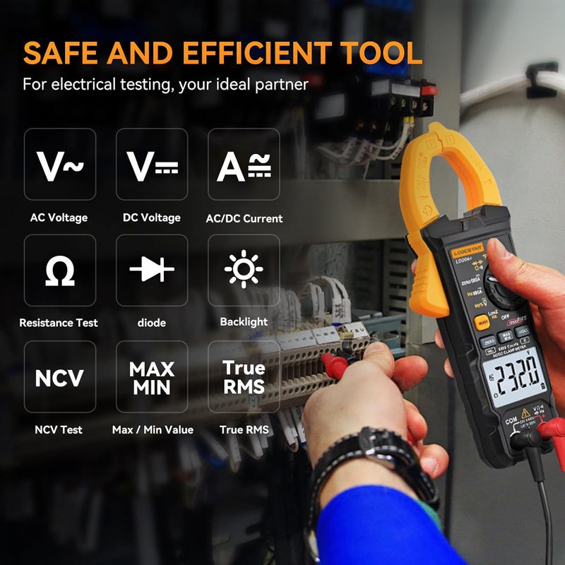 KDator Digital Clamp Meter Multimeter 2000 Counts Voltage Tester with Auto-Range, AC/DC Voltage, AC Current, Resistance, Continuity Diode, Live Wire Test, NCV, True RMS clamp Meter AC Current Meter LD201+ - Image 3